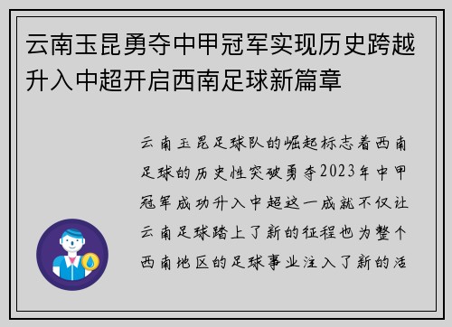 云南玉昆勇夺中甲冠军实现历史跨越升入中超开启西南足球新篇章