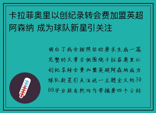卡拉菲奥里以创纪录转会费加盟英超阿森纳 成为球队新星引关注